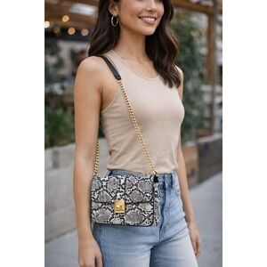 Madison West Black Snake Print Crossbody Bag Gold Turn Lock Chain Strap NWT
